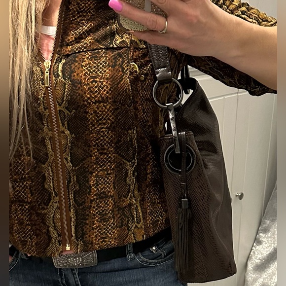 JPK Paris Brown iridescent faux reptile hobo bag with gunmetal hardware. NWOT - Picture 13 of 13